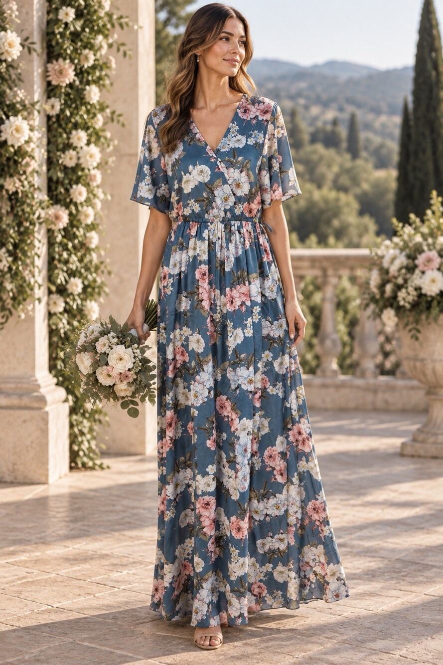 Baltic Born Sicily Blue Floral Satin Maxi Dress Bridesmaids Size XL NWT No Belt